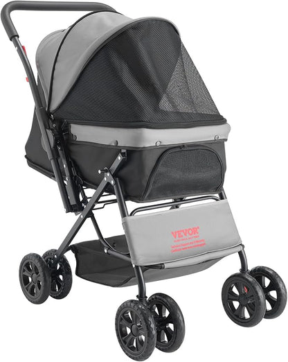 VEVOR Pet Stroller, 44 lbs Weight Capacity, Foldable Dog Cart, 4 Wheels Cats Stroller with Mesh Windows & Revrsible Handle, Portable Pet Carrier with Brake, for Small to Medium Pets