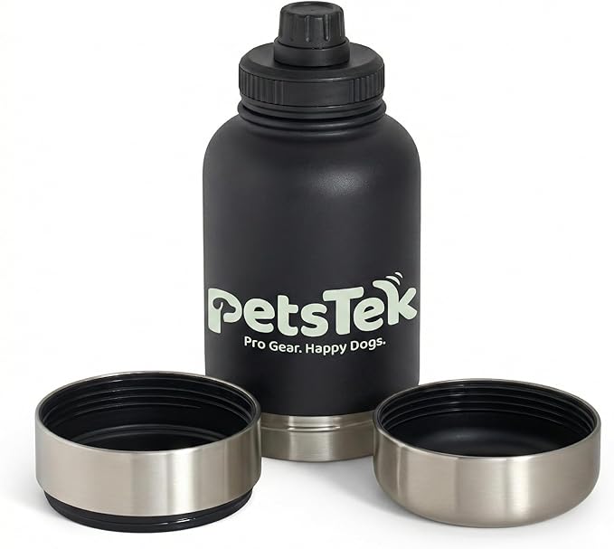 Portable Dog Water Bottle - 3 in 1 Insulated Stainless Steel Travel Bowl & Food Dispenser with Leak Proof Magnetic Lid - Dog Accessories for Walking, Hiking, Outdoor, Camping (32oz Black)