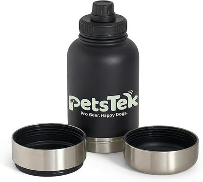 Portable Dog Water Bottle - 3 in 1 Insulated Stainless Steel Travel Bowl & Food Dispenser with Leak Proof Magnetic Lid - Dog Accessories for Walking, Hiking, Outdoor, Camping (32oz Black)