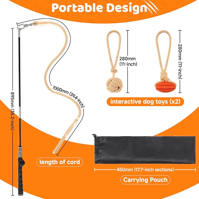 Flirt Pole for Dogs Chase and Tug of War Interactive Dog Toys, Dog Teaser Wand with Rope & Ball Toy for Large Medium Small Dogs Chewing Toy to Outdoor Exercise & Training, 35inch Orange
