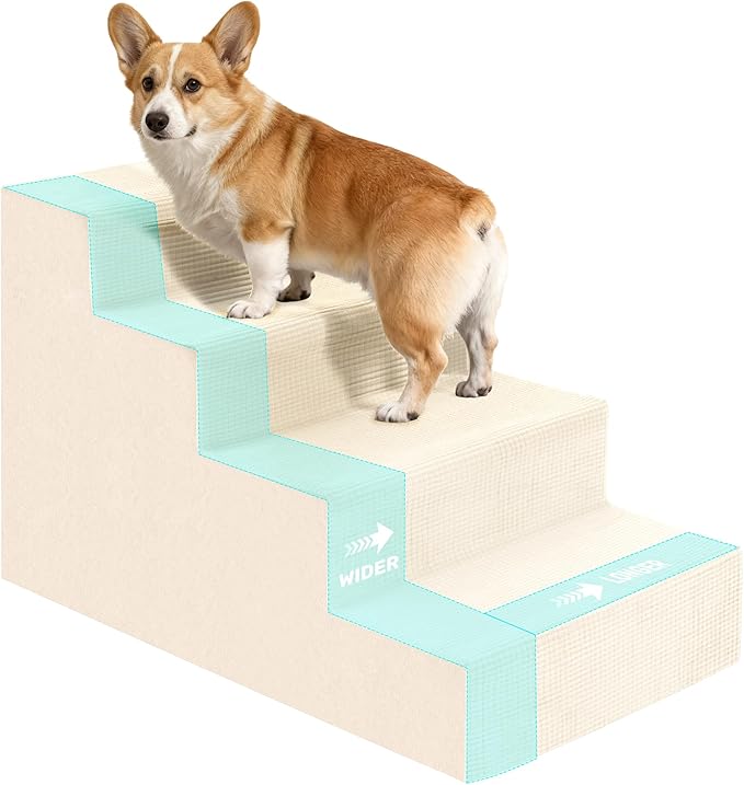 Dog Stairs for Bed, Extra Wide 4-Step Dog Steps for High Bed, High-Density Foam Pet Stairs with Non-Slip Removable Washable Cover for Small Pets, 18" H, Beige
