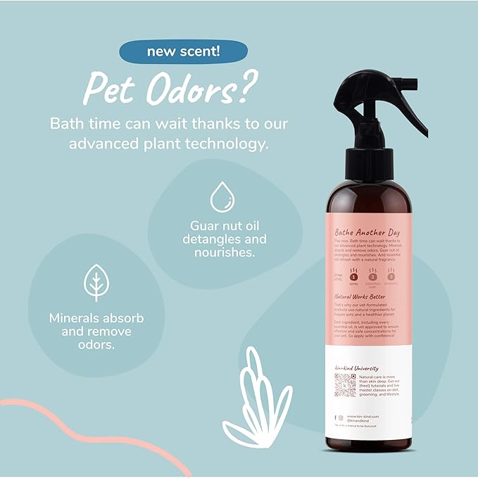 kin+kind Dog Deodorizing Spray - Safe, Natural, & Easy to Use Pet Odor Eliminator - Premium Dog Detangler Spray Formula Made w/Aloe - Dog Deodorizer for Smelly Dogs Made in the USA (12 fl oz)