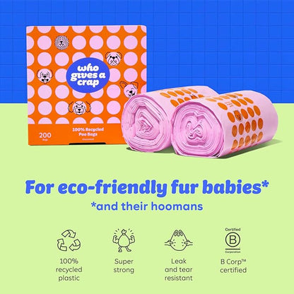 Who Gives a Crap 100% Recycled Pet Waste Bags, 200 Count, 3L / 3 Quart, Designed to Help Resist Leaks and Tears, Tie Handle Poop Bags for Small and Large Dogs, Sustainable Unscented Dog Trash Bags