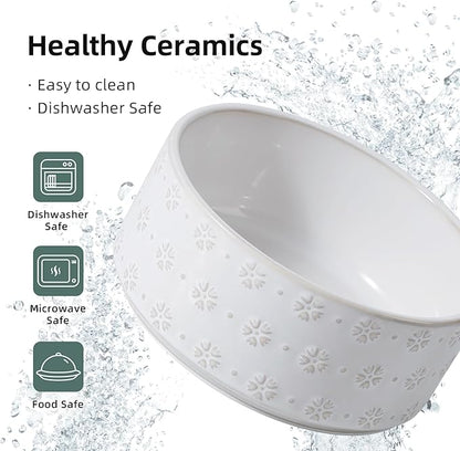 7.3inch Ceramic Raised Double Bowls Set with Acacia Wood Stand, Food & Water Bowls for Medium Breed Dogs, Weighted Dog Dishes, Pet Bowl(41OZ, Arctic White)