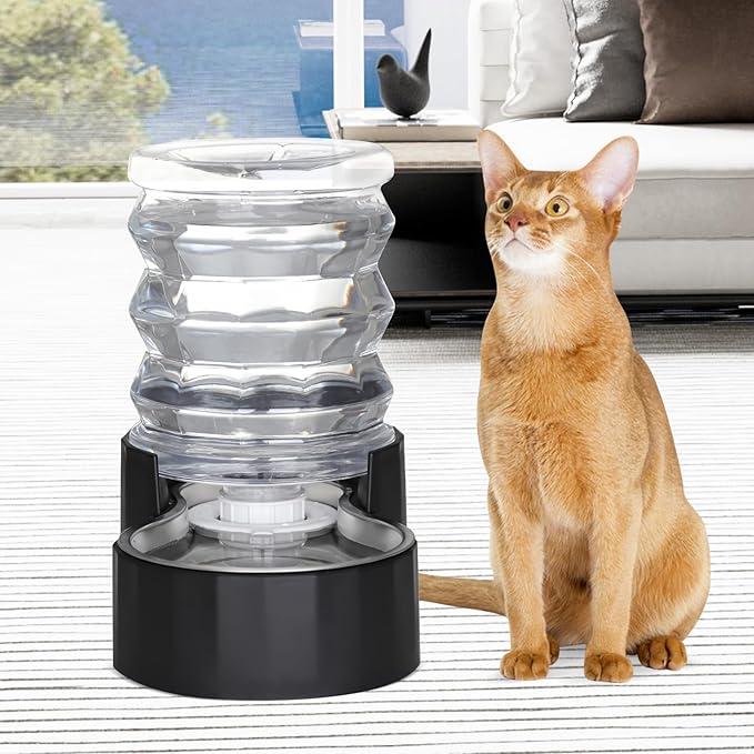 RIZZARI Dog Water Bowl Dispenser: 5L Black Stainless Steel Gravity Feeder with Activated Carbon - Soften Water - Remove Odor - Prevent Urinary Stone to Extend Lifespan - for Small Pets - Patio Garden