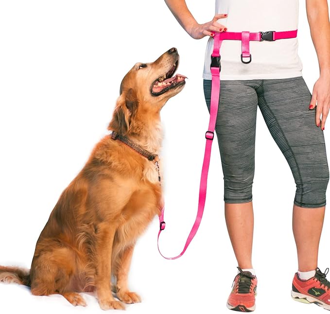 The Buddy System Hands Free Dog Leash, Adjustable Leash for Running, Jogging, Training and Service Dogs, Great for Small, Medium and Large Dogs, Made in USA (Pink, Regular Belt (22"- 40" Waist))