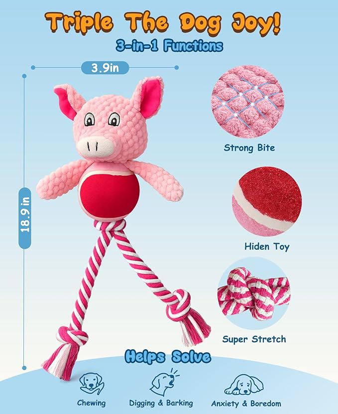 Swooflia Durable Squeaky Dog Toy - Interactive Plush Cute Pig with Rope Legs, Teeth Cleaning Tug Toy for Small Medium and Large Dogs, Puppy Chew Toy for Training and Play