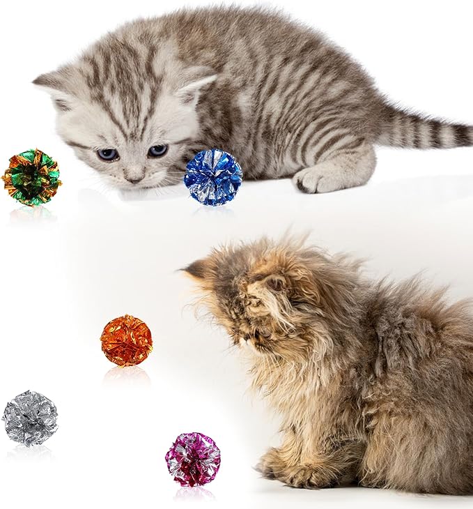 Cat Crinkle Toys, 10 PCS Crinkle Balls for Cats 1.8'' Cat Ball Toy Shiny Ball Lightweight Mylar Pet Pounce Chase Toys Assorted Color Interactive Toy for Indoor Cats to Kill Time and Keep Fit