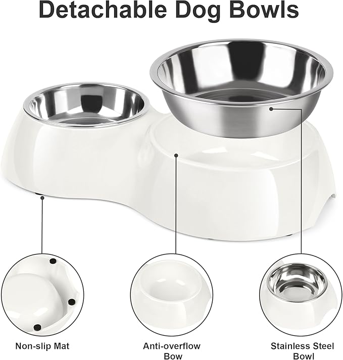 Double Dog Bowls Set – Non-Slip Pet Food & Water Dishes with Resin Stand, Includes Small (1 Cup) & Medium (2 Cups) Bowls – Ideal for Puppies and Cats – White