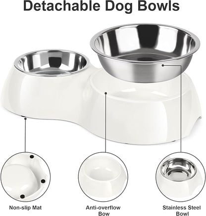 Double Dog Bowls Set – Non-Slip Pet Food & Water Dishes with Resin Stand, Includes Small (1 Cup) & Medium (2 Cups) Bowls – Ideal for Puppies and Cats – White