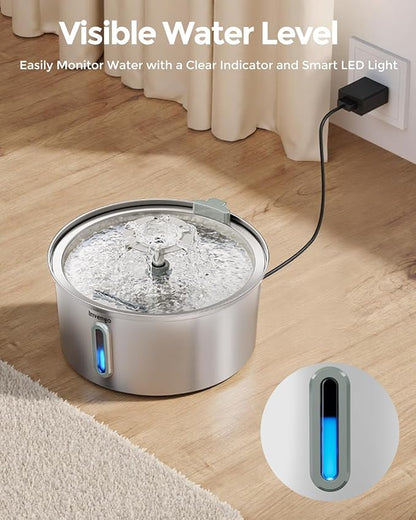 Cat Water Fountain Stainless Steel 3.2L/108oz, Invengo Automatic Pet Fountain for Cats & Dogs, Ultra Quiet <25 dB Pump, Includes 6 Replacement Filters & Sponges, LED Water Level Window, Easy to Clean
