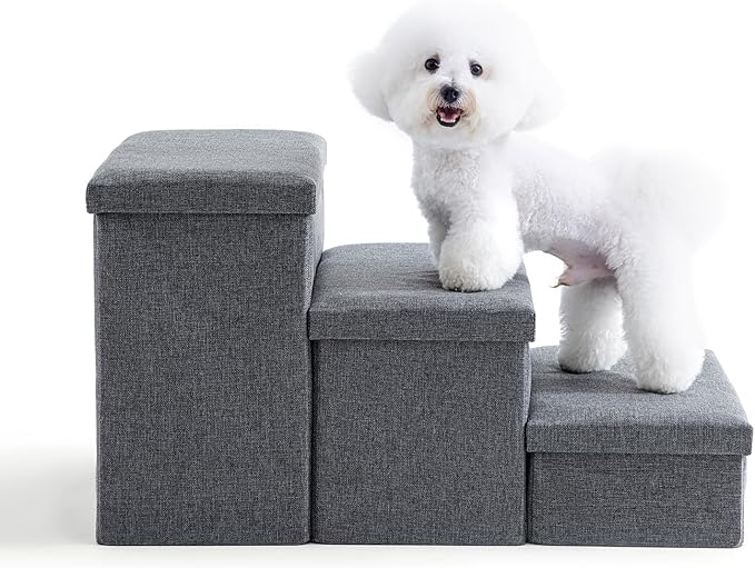 Dog Stairs with Storage, Foldable Dog Steps for Bed, Non-Slip Pet Steps for Small Dogs, Collapsible Sturdy Pet Ramp for Small or Large Dogs, Hold Up to 200 lbs (28.5x17x16.5 inch, Grey, 3)