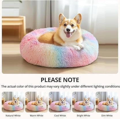 JOLLYVOGUE Calming Dog Bed Medium Size Dog, 31in Donut Washable Medium Pet Bed, Anti-Slip & Anti-Anxiety Fluffy Faux Fur Round Dogs Bed, Fits up to 45 lbs Pets (Rainbow)