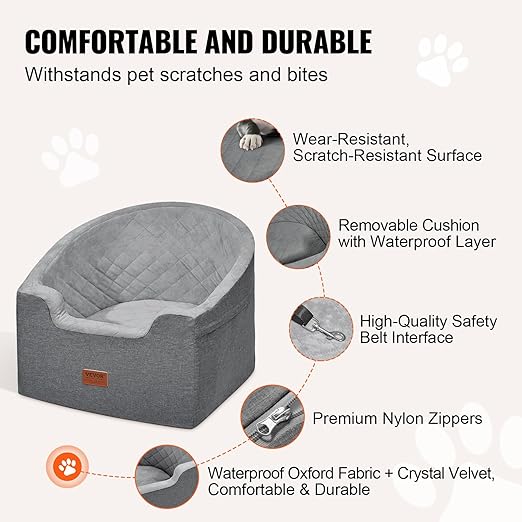 VEVOR Dog Car Seat, Waterproof Dog Booster Seat for Car with a Storage Pocket, Clip-On Safety Leash and Sponge Filling, Pet Bed for Small & Medium Dogs up to 55lbs, Gray