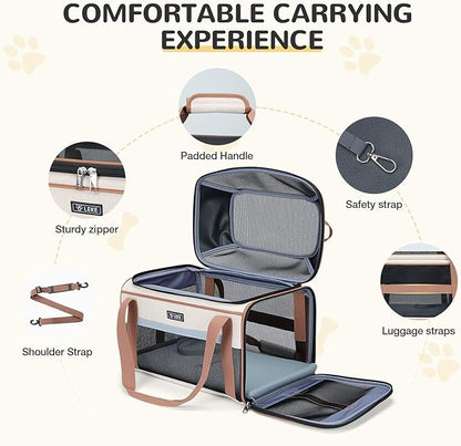 Lekereise Top-Expandable Pet Carrier 17x11x9.5 Inch Alaska Hawaiian Airline Approved Soft Sided Underseat to 12lbs Travel Carriers for Small Cats and Dogs with Locking Safety Zippers Anti-Scratch Mesh