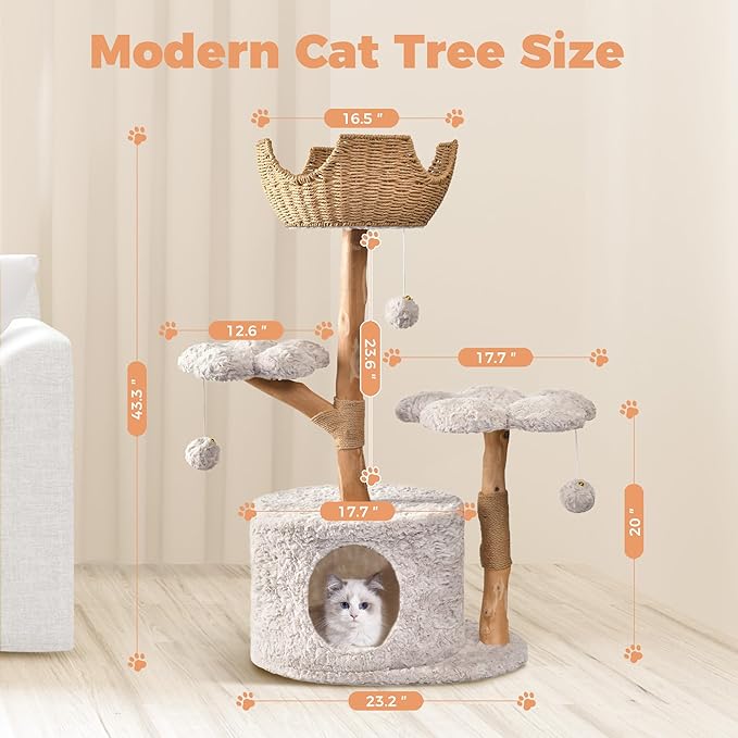 Easyego Modern Cat Tree, 43.3" Aesthetic Wood Cat Tree Tower for Large Cats, Luxury Cat Condo with Scratching Posts and Flower Platforms, Cat Furniture, Bullet Gray
