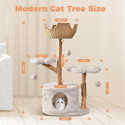 Easyego Modern Cat Tree, 43.3" Aesthetic Wood Cat Tree Tower for Large Cats, Luxury Cat Condo with Scratching Posts and Flower Platforms, Cat Furniture, Bullet Gray