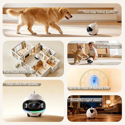AEZ Robot Camera on Wheels 1080P Dual Lens,Indoor Movable Security Camera with 2-Way Talk,Blinky Bot with Night Vision,Distance Bot App Control for Cats/Dogs/Baby/Elderly (SD/Cloud Storage)