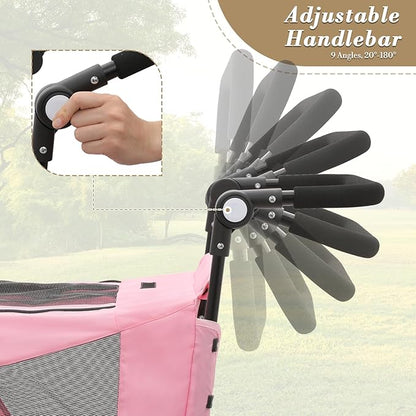 Athena Collection 3 Wheels Pet Stroller Fabric Dog Cart Dog Stroller for Large Dogs 55 Lbs Pet Stroller with Mesh Windows, Zipper Back Pocket, Safety Tether, Angle Adjustable Handlebar, Pink
