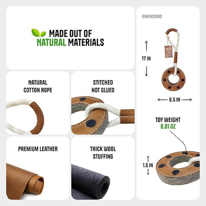 Rope & Ring Leather Chew Toy for Dogs - Extra Thick Wool, Stitched & Real Leather Dog Toy for Small, Medium & Large Dogs - Durable & Safe Chew Toys for Puppies