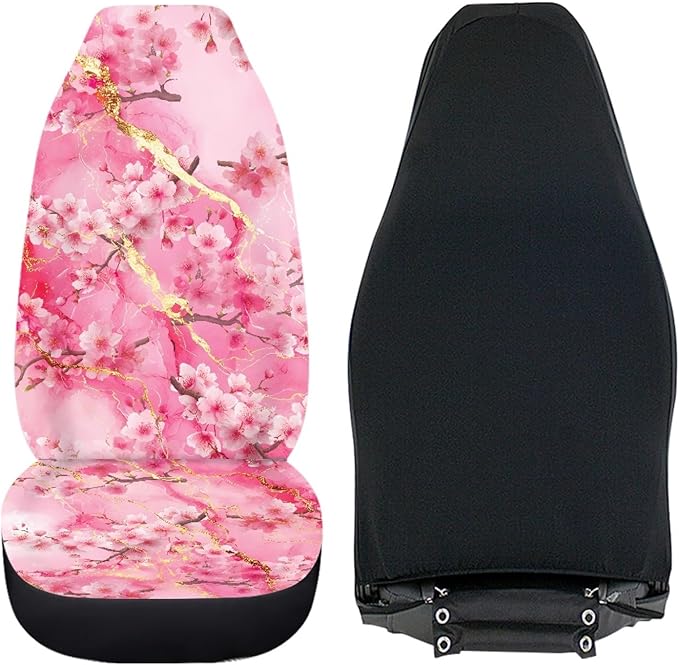 Cherry Blossom Car Front Seat Covers 2 PCS Pink Marble Print Vehicle Seat Cover Fit Most Cars, Sedan, SUV, Van Universal Automotive Accessory Decor