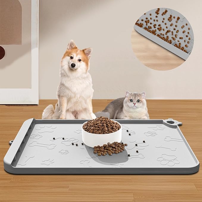 Silicone Dog Food Mat With Residue Collection Pocket - Waterproof Pet Feeding Mat for Cats and Dogs, Raised Edges, Hooks, Placemats for Water Bowl