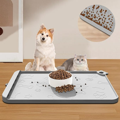 Silicone Dog Food Mat With Residue Collection Pocket - Waterproof Pet Feeding Mat for Cats and Dogs, Raised Edges, Hooks, Placemats for Water Bowl