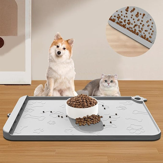 Silicone Dog Food Mat With Residue Collection Pocket - Waterproof Pet Feeding Mat for Cats and Dogs, Raised Edges, Hooks, Placemats for Water Bowl