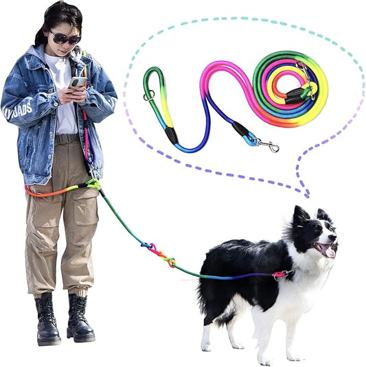 Hands Free Dog Leash Waist & Crossbody Rope with Slip Lead Durable for 2 Dogs Nylon Reflective Heavy Duty Hiking Running Leash for Medium Large Dogs(Rainbow, 13Ft)