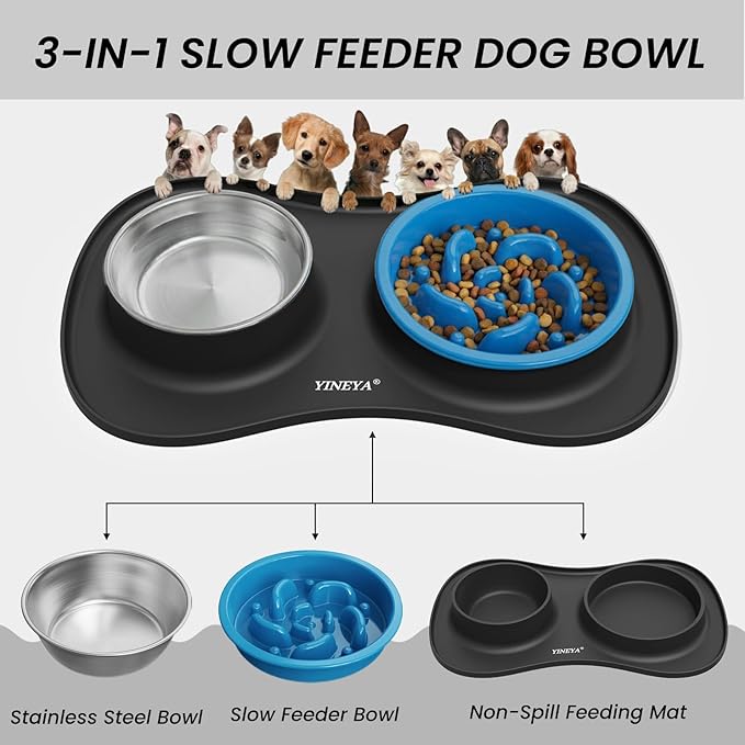 Slow Feeder Dog Bowls Stainless Steel Food and Water Bowl Set 3 in 1 No Spill Waterproof Silicone Pet Food Mat Puppy Feeding Station for Large Medium Small Breed Non Slip Metal Dish Tray by YINEYA