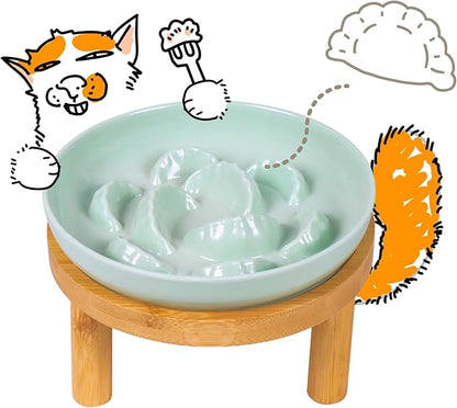 Slow Feeder Bowl, 6.3″ Elevated Cat Bowl with Stand, Melamine Wide Shallow Food Bowl, Whisker-Friendly Raised Plate, Wet Food Feeder for Slow Eating (Green)