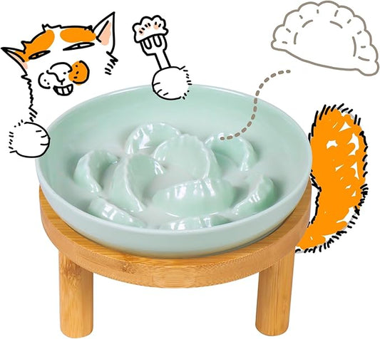 Slow Feeder Bowl, 6.3″ Elevated Cat Bowl with Stand, Melamine Wide Shallow Food Bowl, Whisker-Friendly Raised Plate, Wet Food Feeder for Slow Eating (Green)