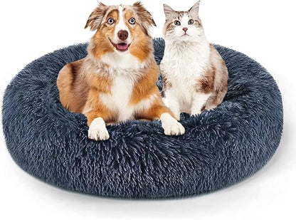 Original Calming Donut Dog and Cat Bed in Shag Fur, Dog Beds for Melium Dogs, Anti Anxiety Round Fluffy Plush Faux Fur Pet Bed (Dark Grey, XXX-Large)