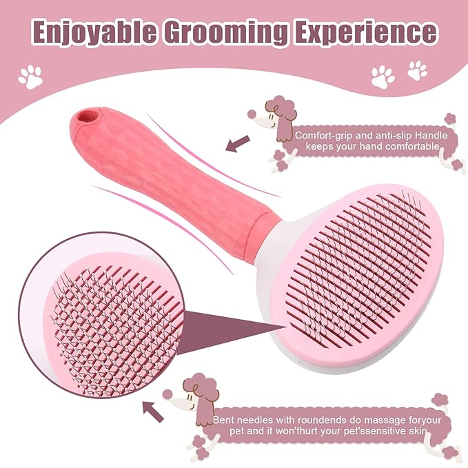 Self Cleaning Slicker Brush, Dog Cat Bunny Pet Grooming Shedding Brush - Easy to Remove Loose Undercoat, Pet Massaging Tool Suitable for Pets with Long or Short Hair (Pink)