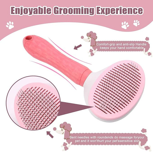 Self Cleaning Slicker Brush, Dog Cat Bunny Pet Grooming Shedding Brush - Easy to Remove Loose Undercoat, Pet Massaging Tool Suitable for Pets with Long or Short Hair (Pink)