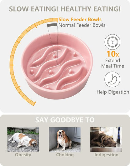Ceramic Slow Feeder Dog Bowls for Small Dogs, 0.6 Cup Dog Slow Feeder for Fast Eater, Puzzle Maze Bowl, 14oz, 6in, Salmon Pink