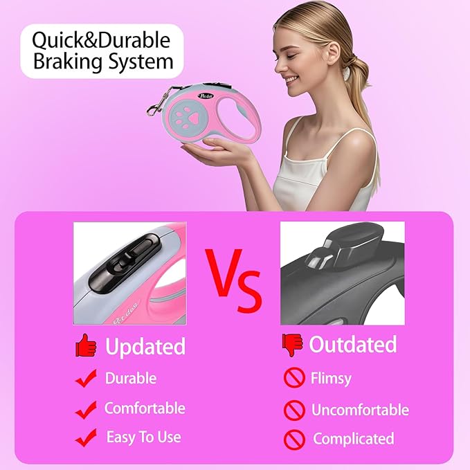 Retractable Dog Leash, VELIGOOD 5M/16FT Extendable Dog Lead with Strong Nylon Tape Tangle-Free One-Handed Brake, Pause, Lock for Small Medium Dogs (Pink)