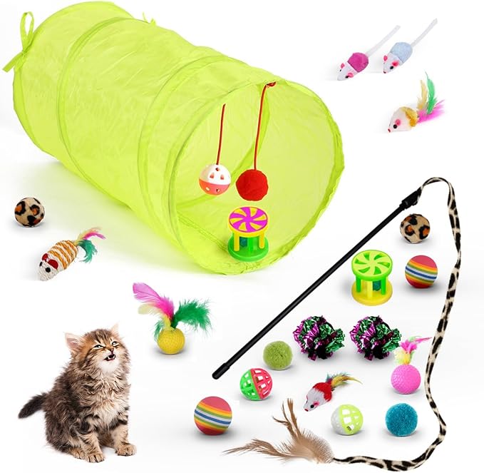 21 PCS Cat Toys Kitten Toys Set – Interactive Cat Tunnel with Feather Wand, Plush Mice, Crinkle Balls, Jingle Balls, Spring Toys – Indoor Play Set for Cats, Kittens, Rabbits, Puppies