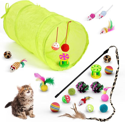 21 PCS Cat Toys Kitten Toys Set – Interactive Cat Tunnel with Feather Wand, Plush Mice, Crinkle Balls, Jingle Balls, Spring Toys – Indoor Play Set for Cats, Kittens, Rabbits, Puppies