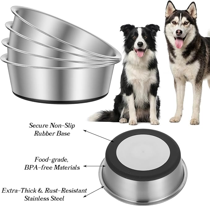 4-Pack Heavy Duty Stainless Steel Dog Bowls with Non-Slip Base – 8 Cup (64 oz) Rust-Resistant Metal Food & Water Dishes for Medium & Large Dogs