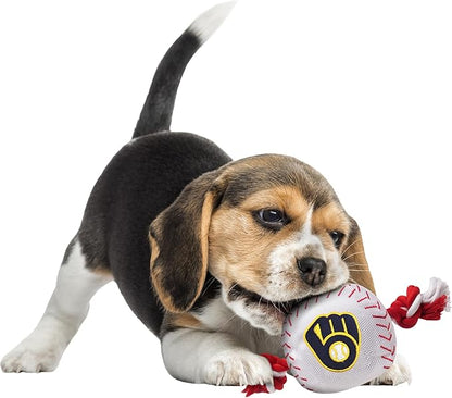 MLB MILWAUKEE BREWERS Baseball Rope Toy for DOGS & CATS. Tough nylon, Sporty Baseball Design, Heavy-duty ropes with Inner SQUEAKER