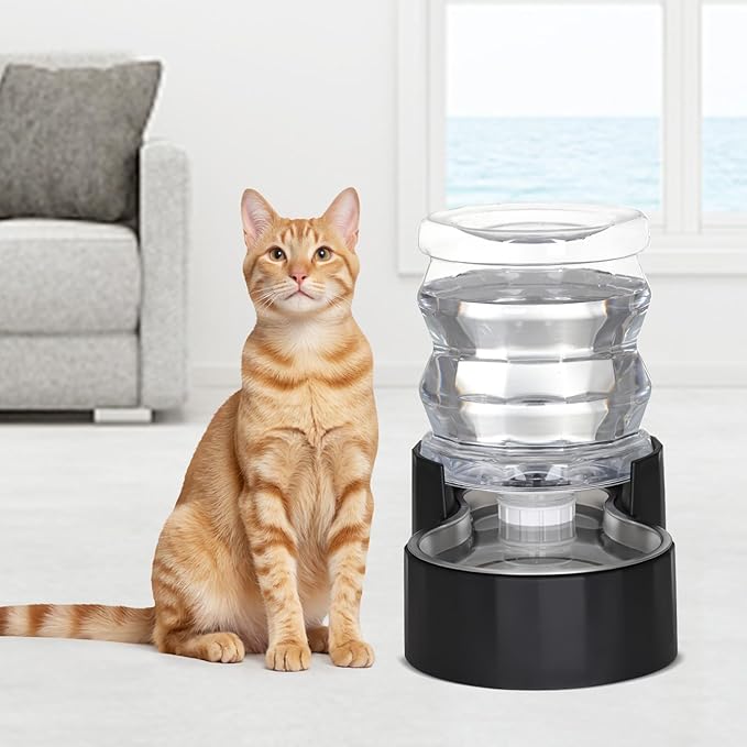 RIZZARI Automatic Gravity Pet Waterer Dispenser : 4L Black Stainless Steel Bowl Without Filter - Spill-Proof and Leak-Proof - Large Capacity Feeder for Dogs & Cats - Ideal for Kitchen or Hallway Use