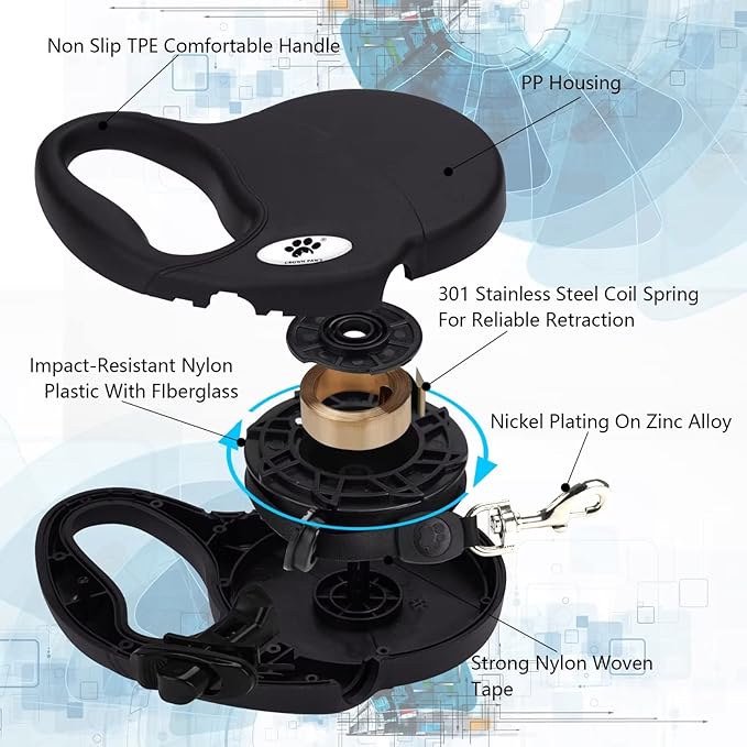 16 ft Retractable Dog Leash for Large Dogs up to 44 lbs,Tangle-Free Nylon Tape,Black Dan M