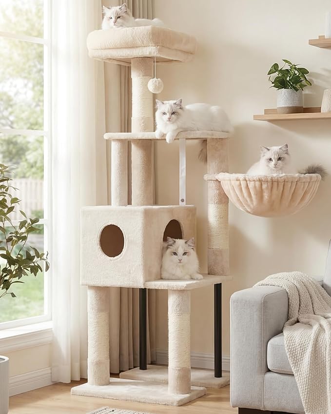 Heybly Cat Tree, 49.2 Inches Cat Tower for Indoor Cats, Spacious Cat House Condo with Hidden Space，Sturdy Steel Tube，Soft Plush Top Perch，Cozy Hammock and Sisal Scratching Posts, Beige HCT200SM