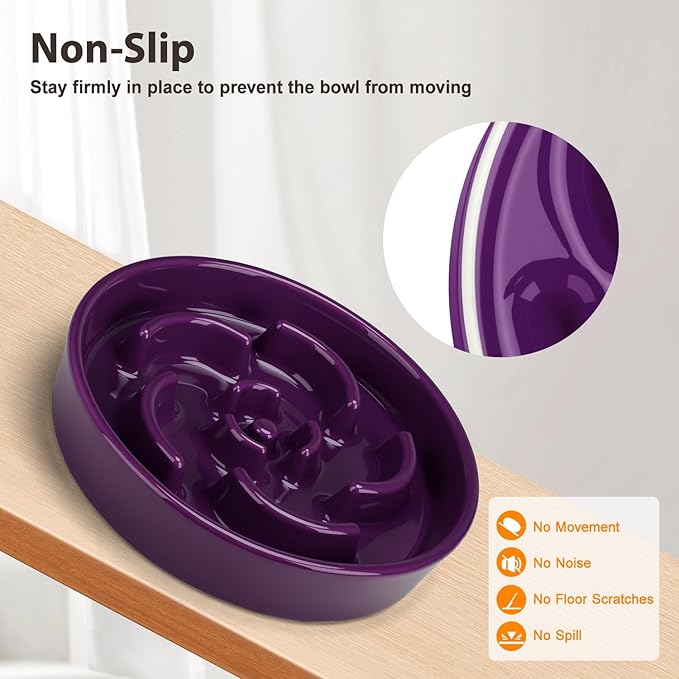 Slow Feeder Dog Bowl, Ceramic 8.3 inch Dog Food Bowls for Small, Medium, and Large Breed, Anti-Slip Maze Puzzle Food Dish to Slow Down Eating (Deep Purple, 8.3 inch)
