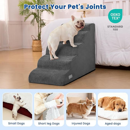 5 Step Dog Stairs for High Bed – Pet Steps for Small Dogs, Non-Slip Dog Ramp with Washable Cover, Pet Ladder for High Beds,Grey