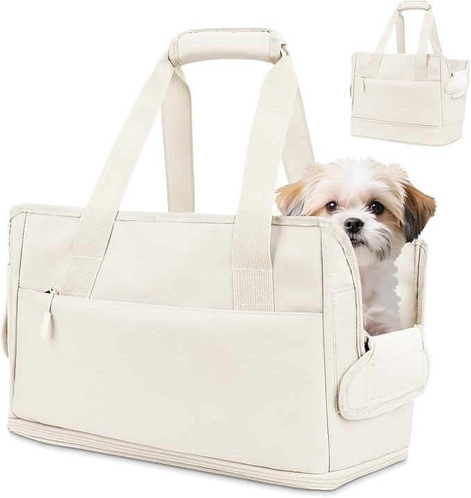 Dog Purse Carrier for Small Dogs Under 10 lbs with Pockets Adjustable Soft Sided Pad Extendable Dog Carriers Tote for Puppies with Safety Leash Clip for Travel Shopping (Apricot)