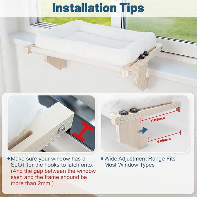 Cat Sill Window Perch - 100% Natural Pine Frame, Soft Rabbit Fur Cushion, Tool-Free Adjustment, Supports 40 lbs (Medium-White)