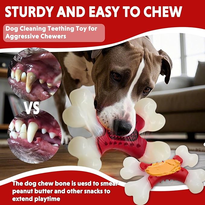 LaRoo Dog Toys for Aggressive Chewers Medium Dogs, Tough Dog Toys, Puppy Teething Chew Toys, Heavy Duty Indestructible Bones, Peanut Butter Slot for Snacks, Meat Flavor & Dental Care (Red)