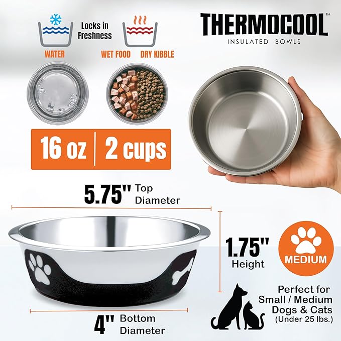 Thermocool Insulated Stainless Steel Pet Bowl - 16 Oz (Medium) Non-Slip Feeding Dish Reduces Sliding & Spills, Keeps Water Cold & Food Warm, Dishwasher Safe (Black)